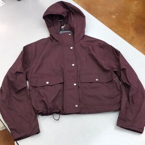 Burgundy Utility Jacket with Hood and Snap Closure
